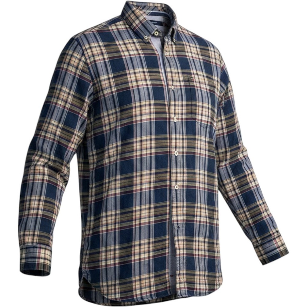 Tommy Hilfiger Mens Classic Fit‎ Plaid Button Down Shirt Navy Yellow Red Large